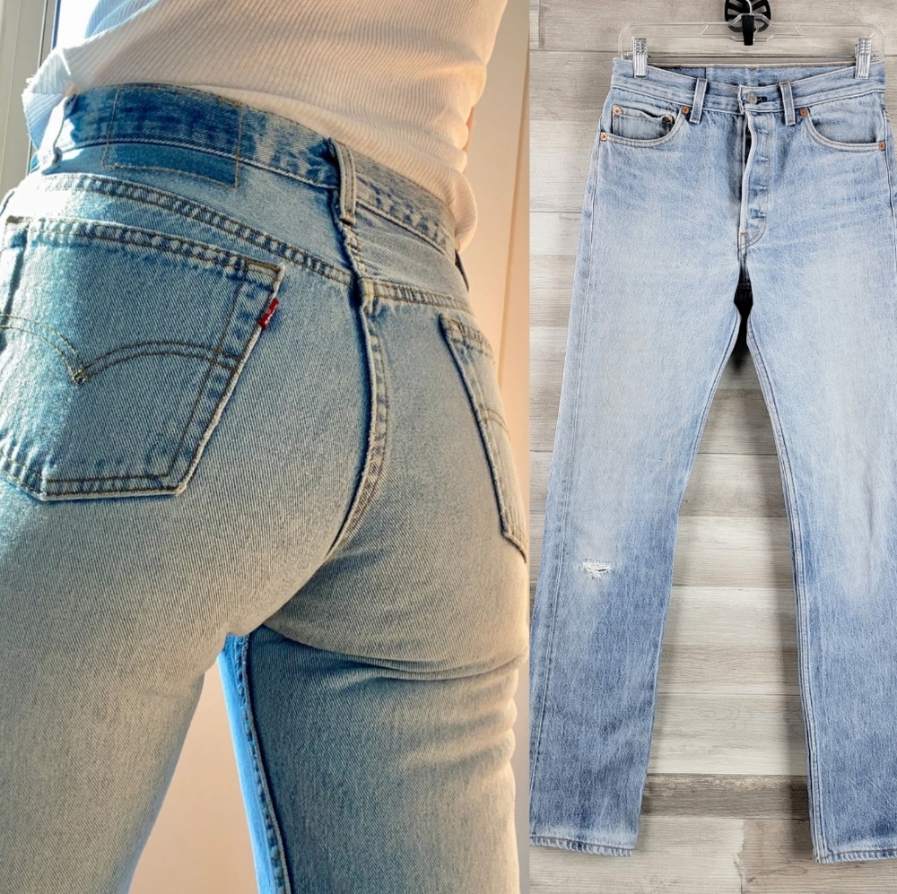 90s Levi's 501 High Rise Straight Leg Button Fly Distressed Jeans Size 28×33